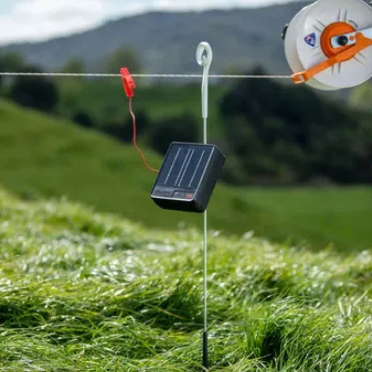 A Gallagher S12 Lithium Solar Fence Energizer installed outdoors in Kamloops, British Columbia