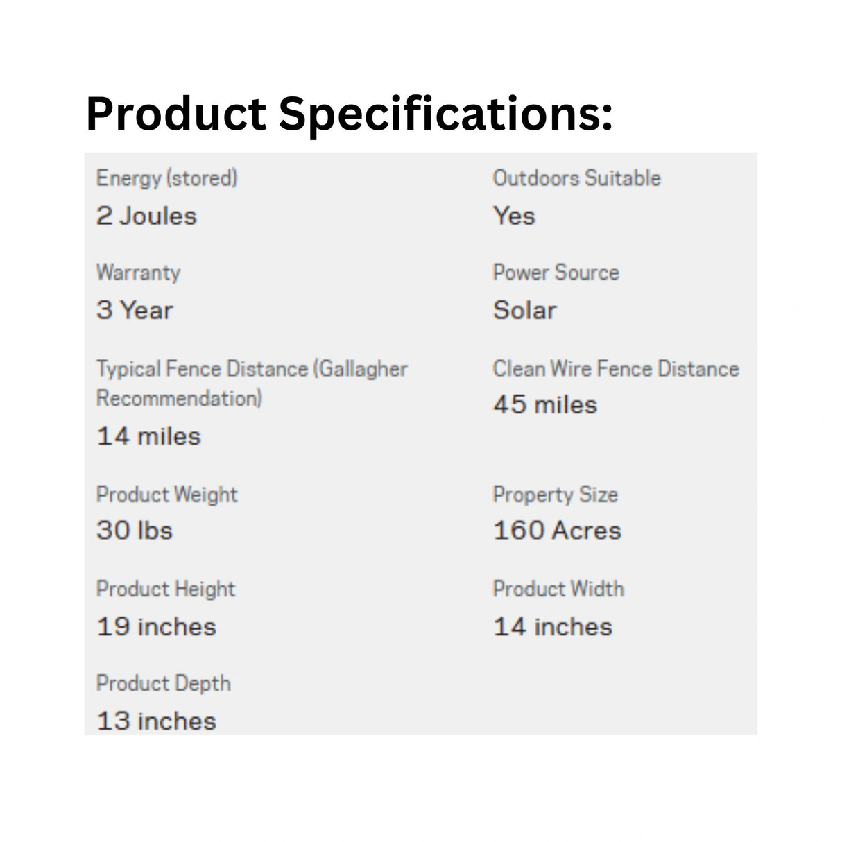 Product specifications of Gallagher S200 Solar Fence Energizer displayed on a white background