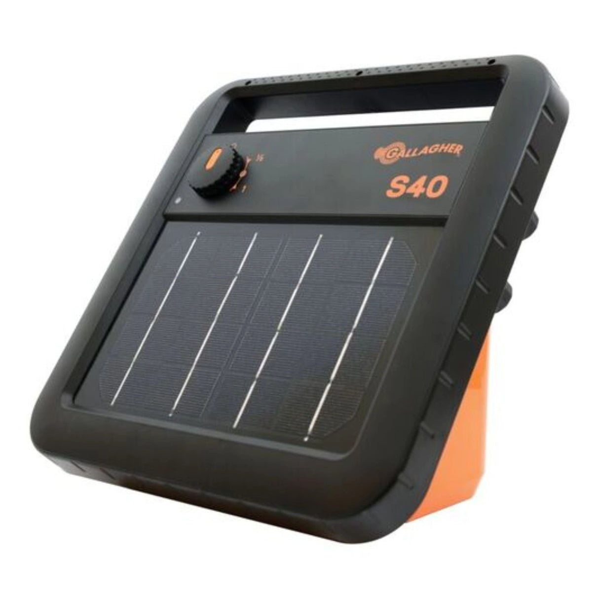 A front view of the Gallagher S40 Solar Fence Energizer on a white background