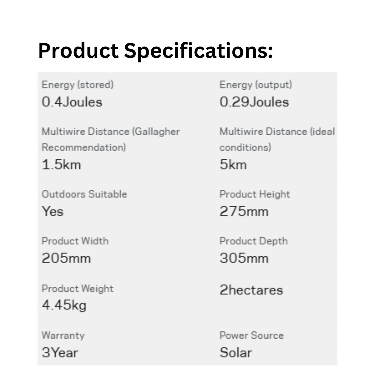 Product specifications of the Gallagher S40 Solar Fence Energizer displayed on a white background