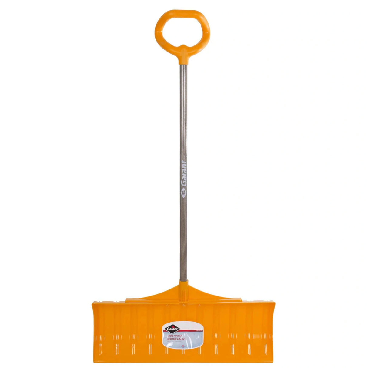 A front view of Garant snow pusher with a durable plastic blade on a white background