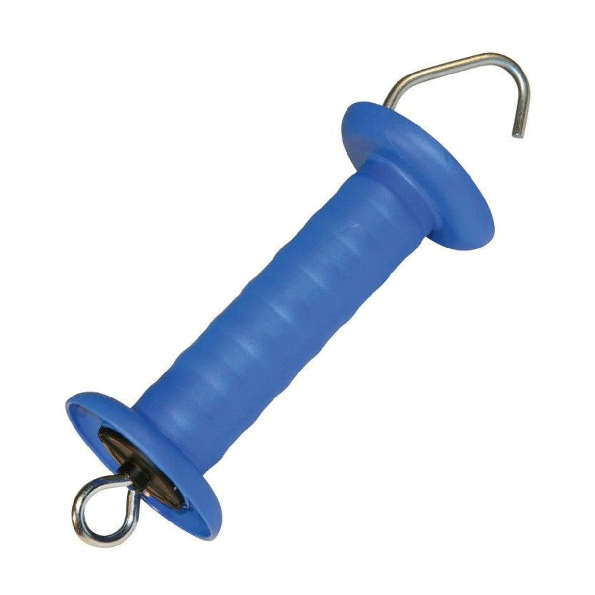 Close-up view of Corral Gate Handle Electric Fencing Blue with hook and tension limiter