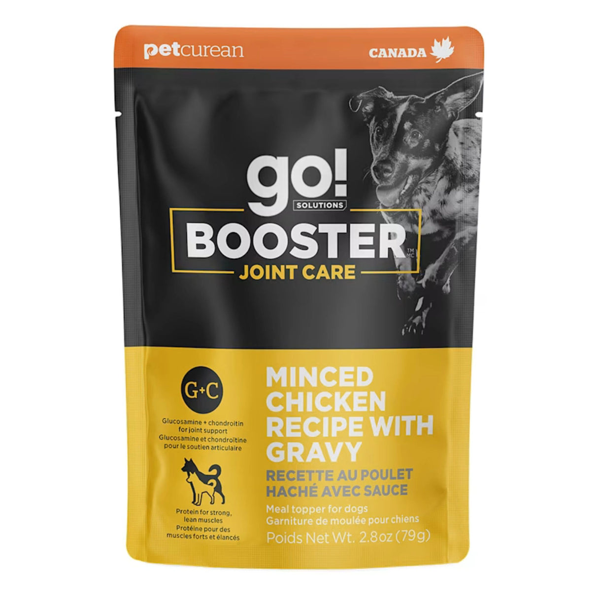 A small bag of Go! Solutions Minced Chicken with Gravy Dog Food Toppers on a white background