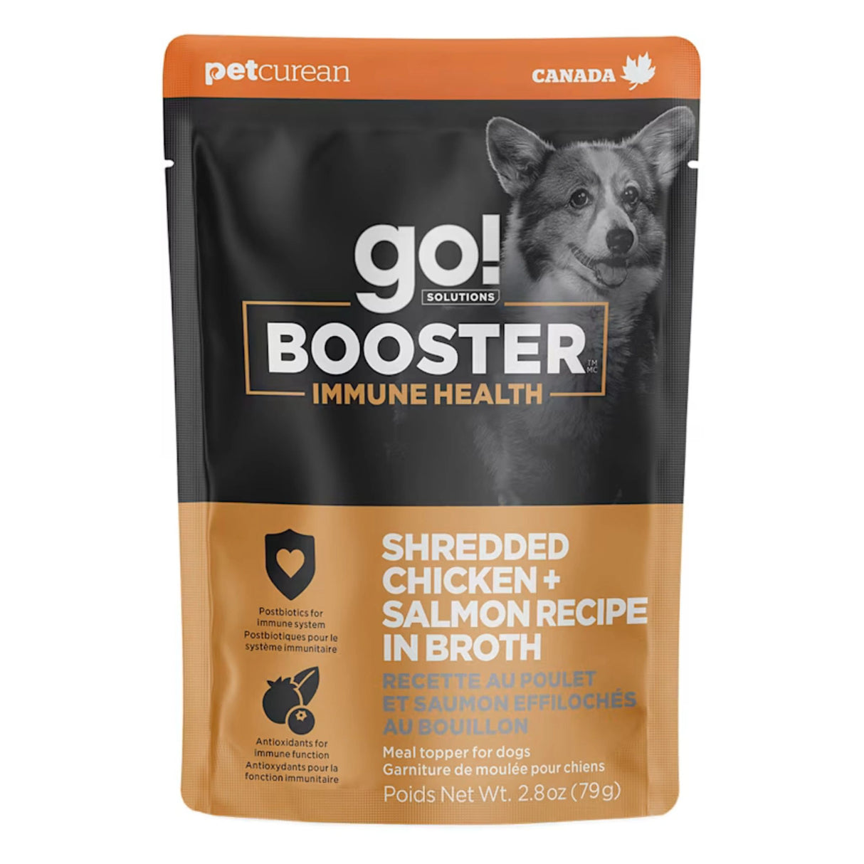 A small bag of Go! Solutions Shredded Chicken + Salmon Broth Dog Food Toppers on a white background