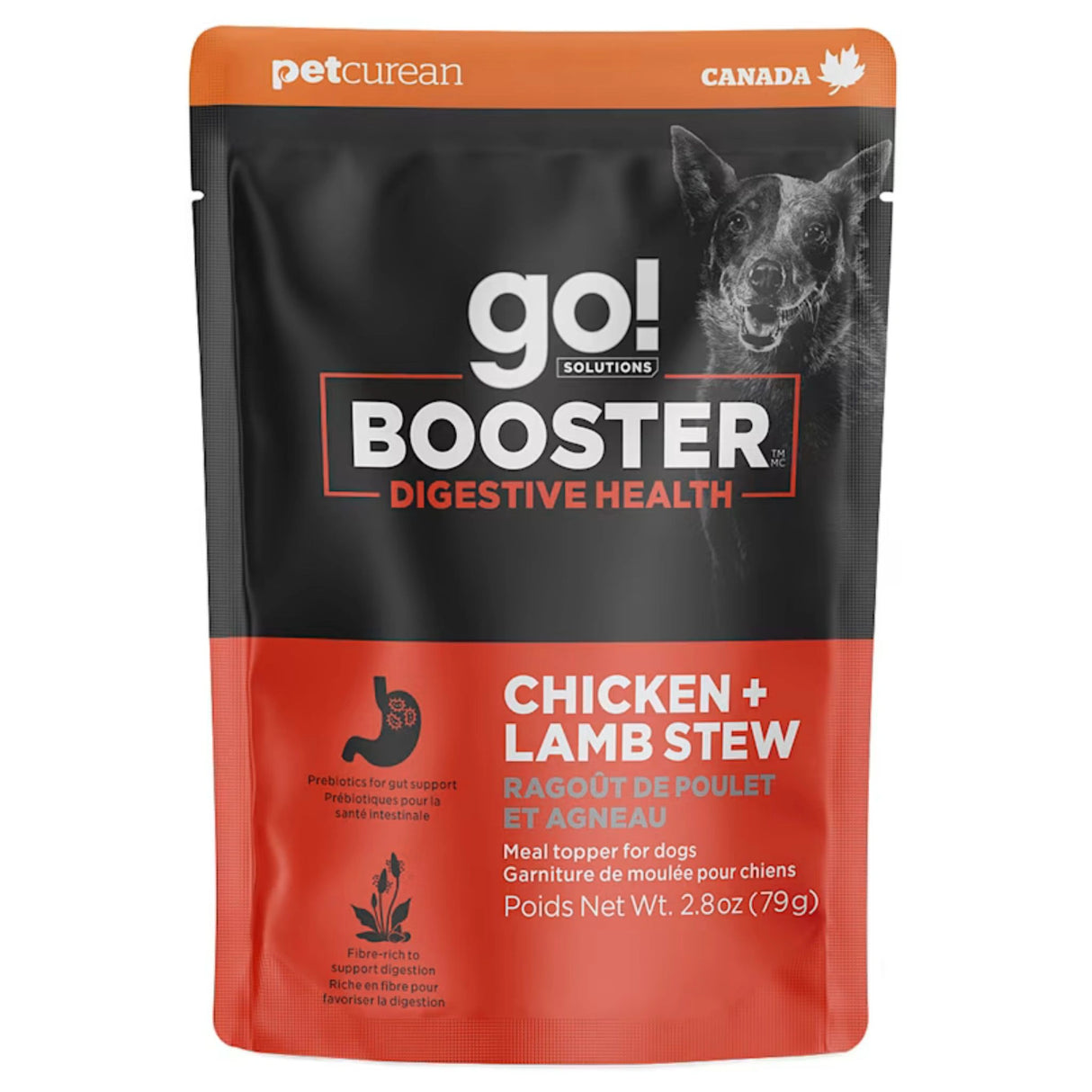 A small bag of Go! Solutions Chicken + Lamb Stew Dog Food Toppers on a white background