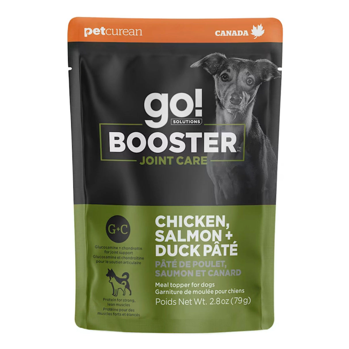 A small bag of Go! Solutions Chicken, Salmon, Duck Pate Dog Food Toppers on a white background