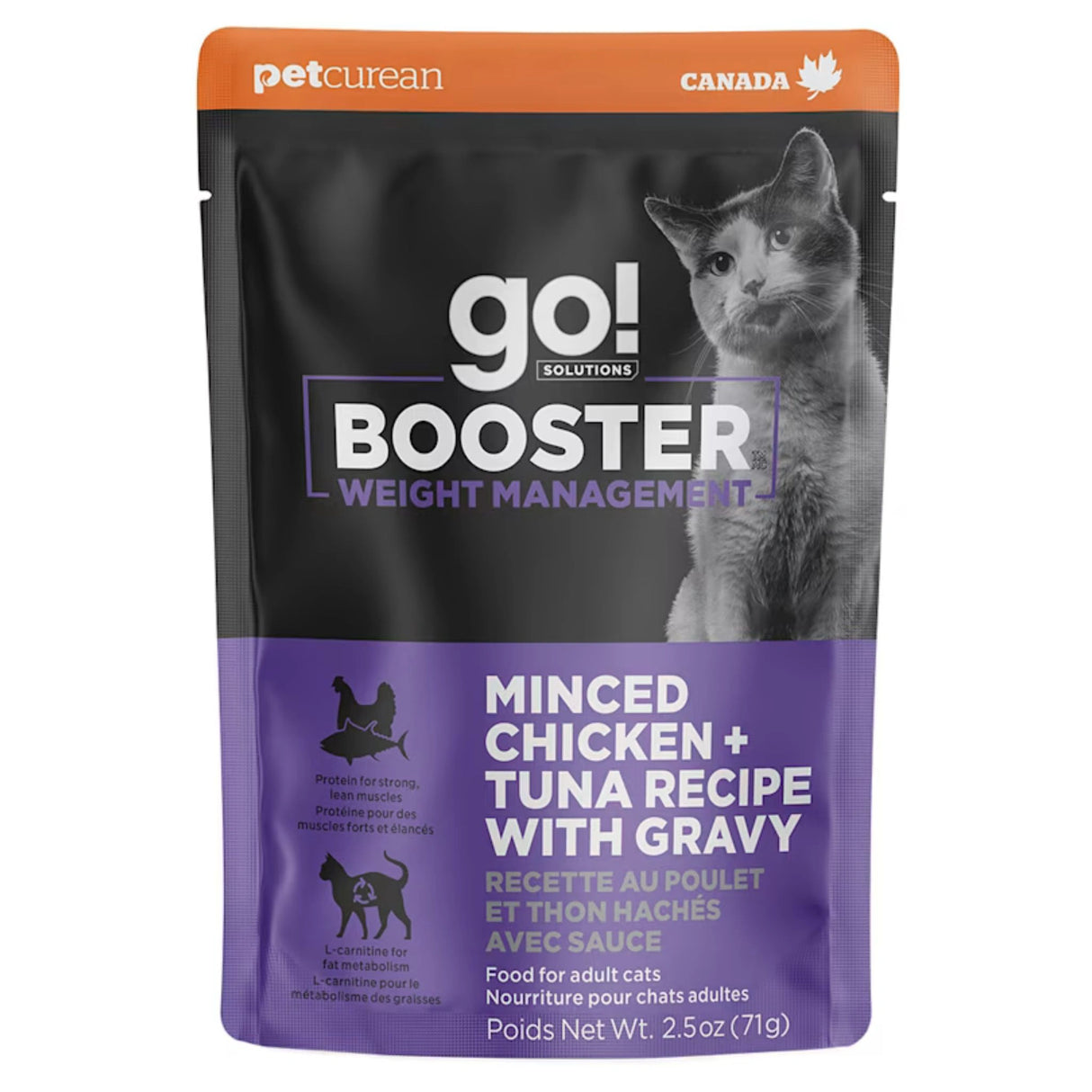 A small bag of Go! Solutions Minced Chicken + Tuna with Gravy Cat Food Toppers on a white background