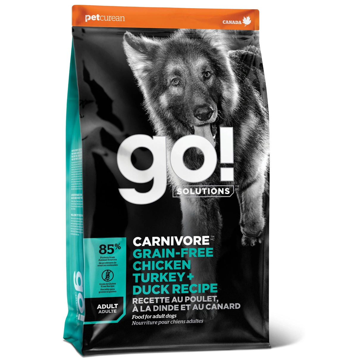 A front view of Go! Solutions Carnivore Grain Free Chicken, Turkey + Duck Adult Dog Food on a white background