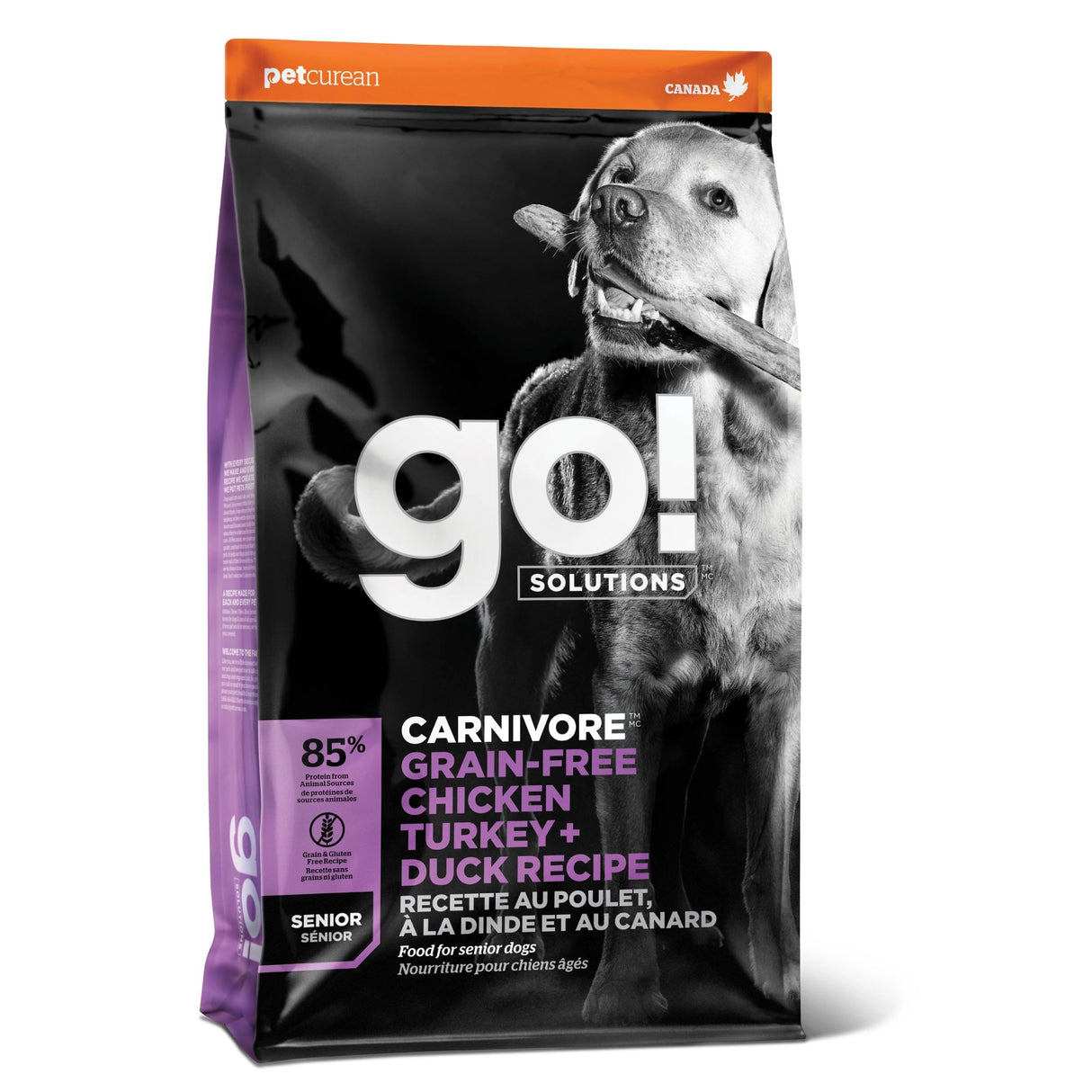 A front view of Go! Solutions Carnivore Grain Free Chicken, Turkey + Duck Senior Recipe Dog Food on a white background