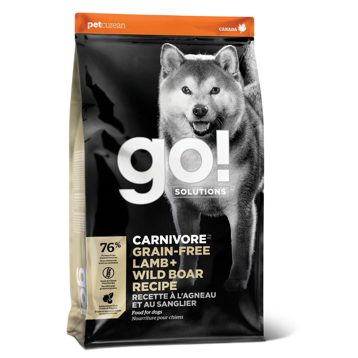 A front view of Go! Solutions Carnivore Grain Free Lamb and Wild Boar Recipe Dog Food on a white background