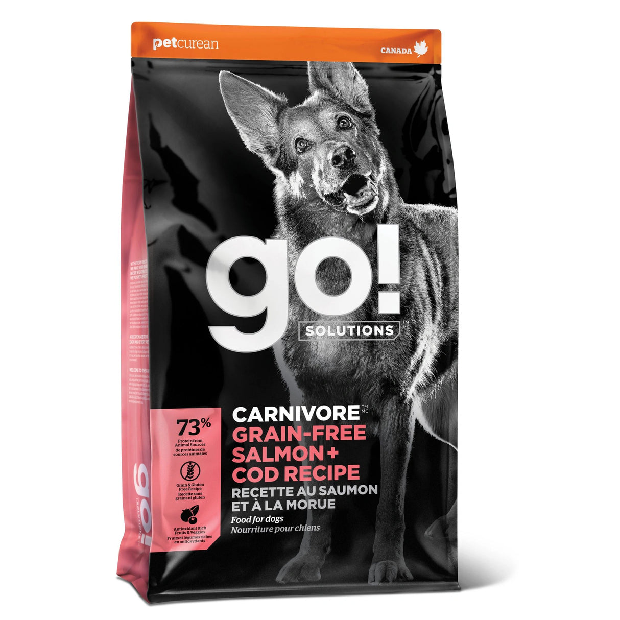 A front view of Go! Solutions Carnivore Grain Free Salmon and Cod Recipe Dog Food on a white background