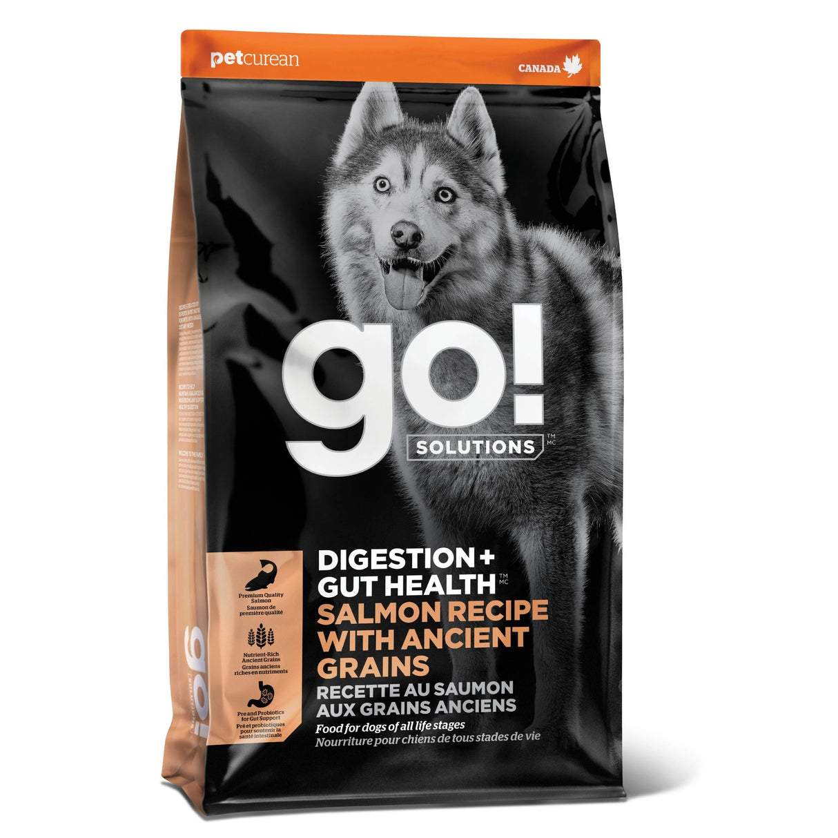 A front view of Go! Solutions Digestion and Gut Health Salmon Recipe with Ancient Grains Dog Food on a white background