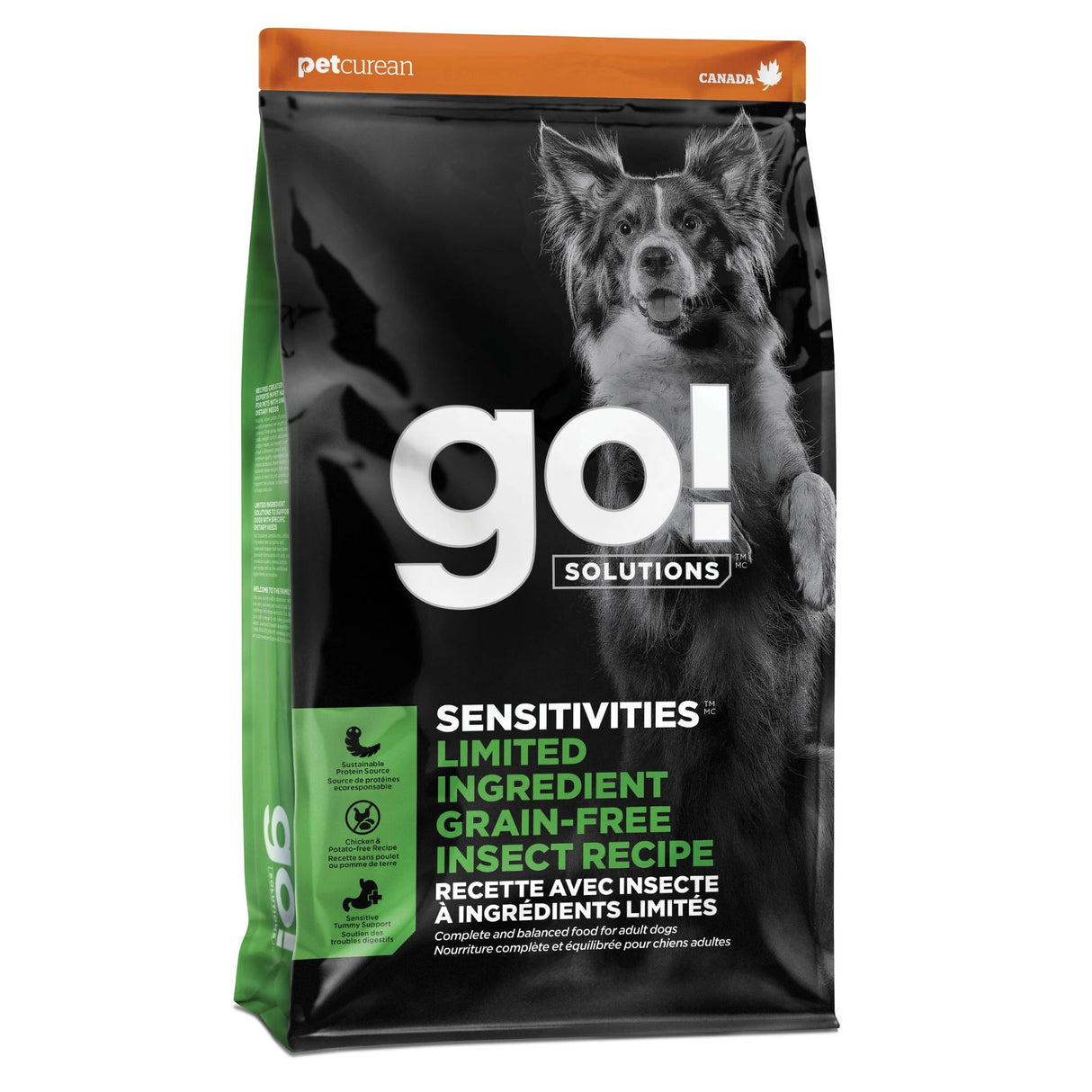 A front view of Go! Solutions Sensitivities Limited Ingredient Grain Free Insect Recipe Dog Food on a white background