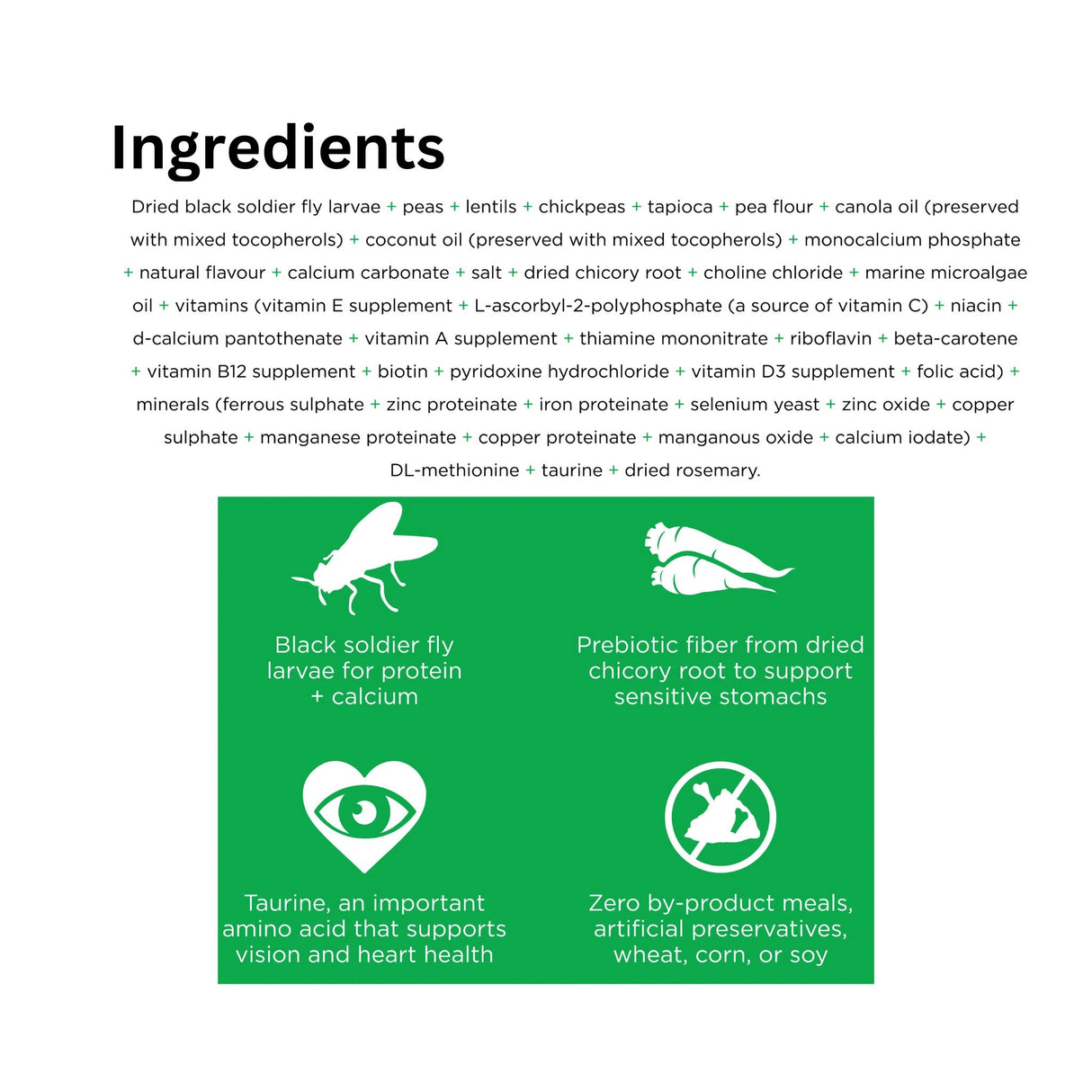 A list of ingredients in Go! Solutions Sensitivities Limited Ingredient Grain Free Insect Recipe Dog Food with icons