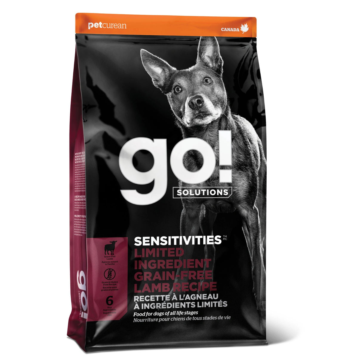 A front view of Go! Solutions Sensitivities Limited Ingredient Grain Free Lamb Recipe Dog Food on a white background