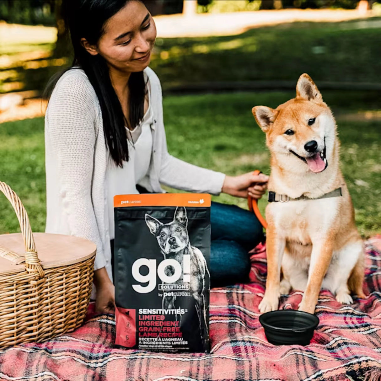A happy dog enjoying Go! Solutions Sensitivities Limited Ingredient Grain Free Lamb Recipe Dog Food in outdoors in Kamloops, British Columbia