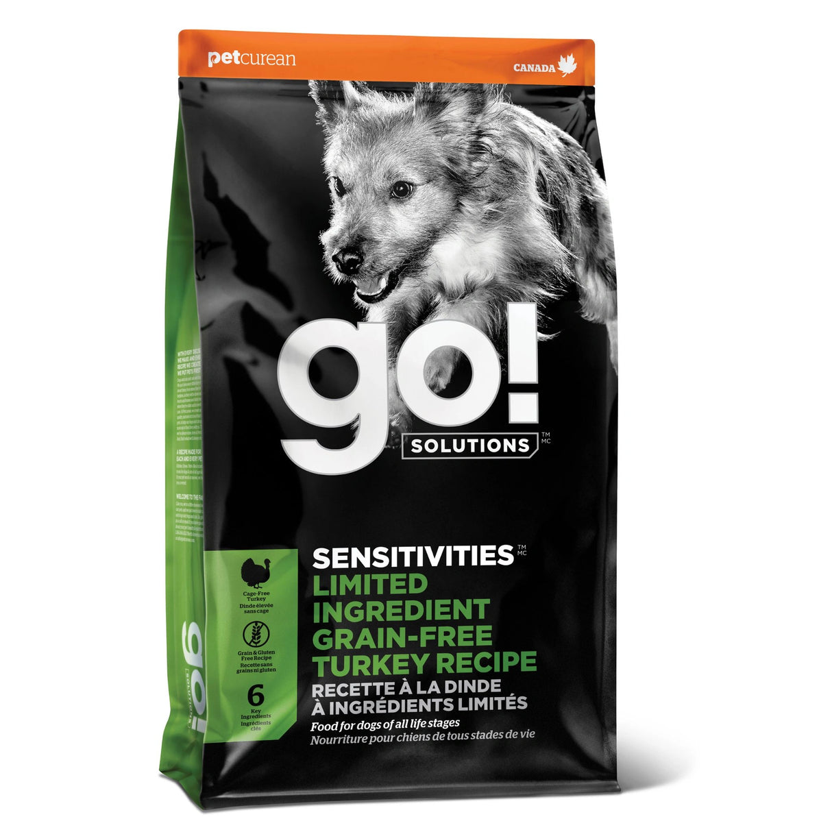 A front view of Go! Solutions Sensitivities Limited Ingredient Grain Free Turkey Recipe Dog Food on a white background