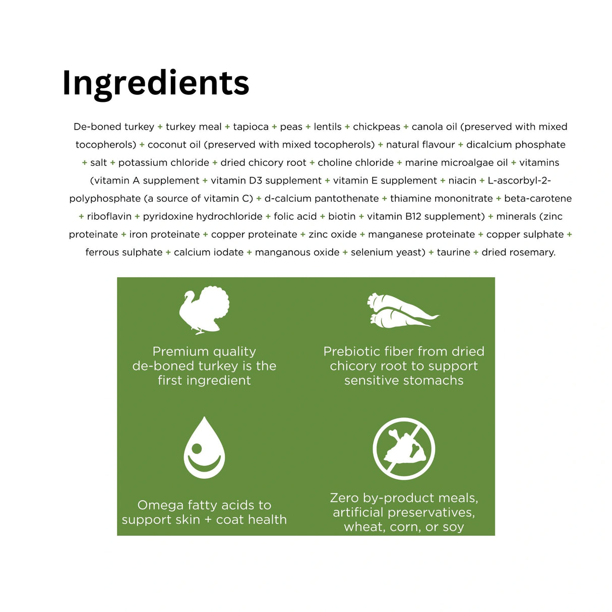 A list of ingredients in Go! Solutions Sensitivities Limited Ingredient Grain Free Turkey Recipe Dog Food with icons