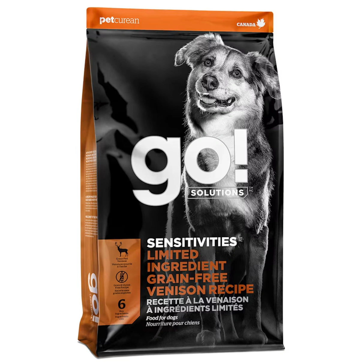 Front view of Go! Solutions Sensitivities Limited Ingredient Grain Free Venison Recipe Dog Food on a white background