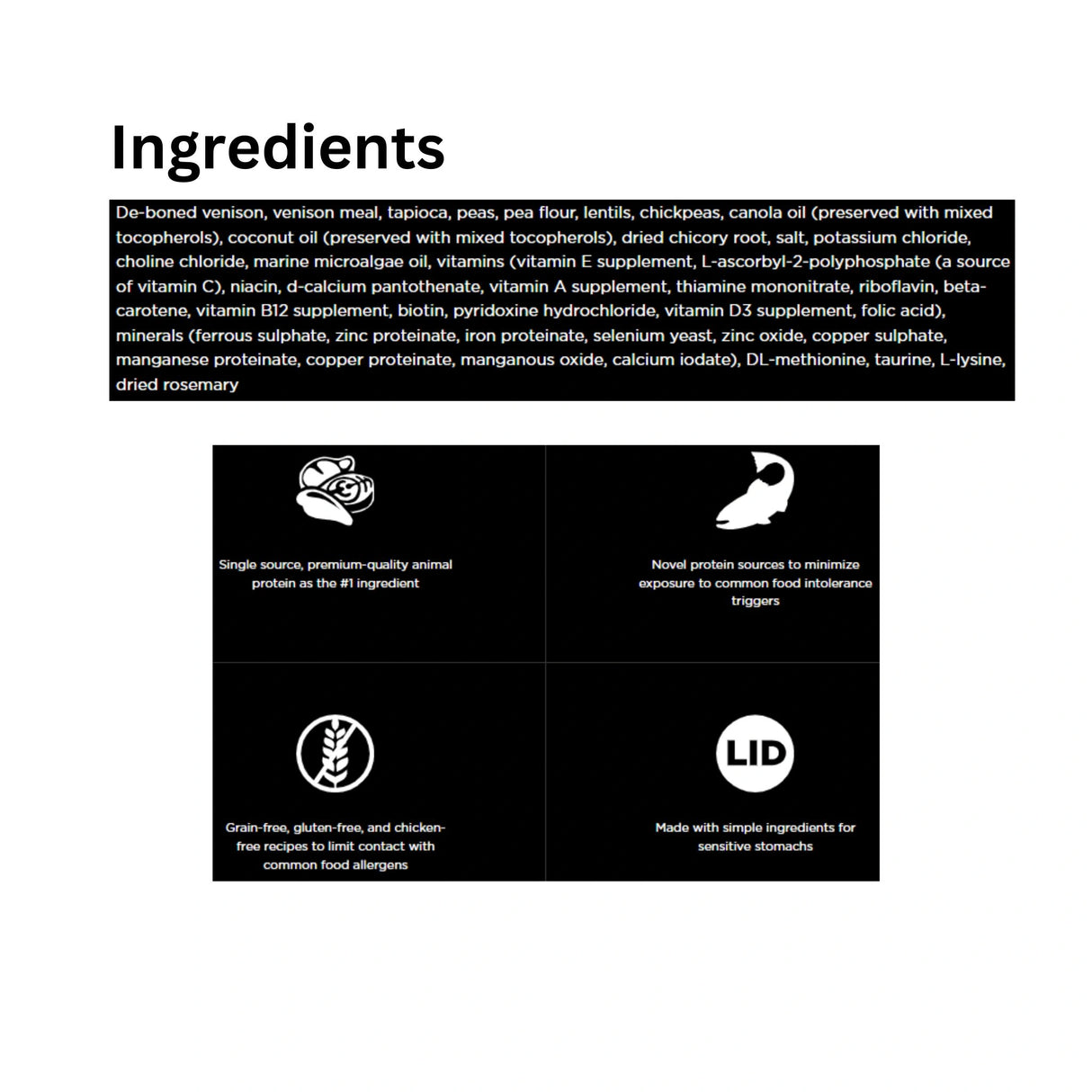 List of ingredients in Go! Solutions Sensitivities Limited Ingredient Grain Free Venison Recipe Dog Food with icons