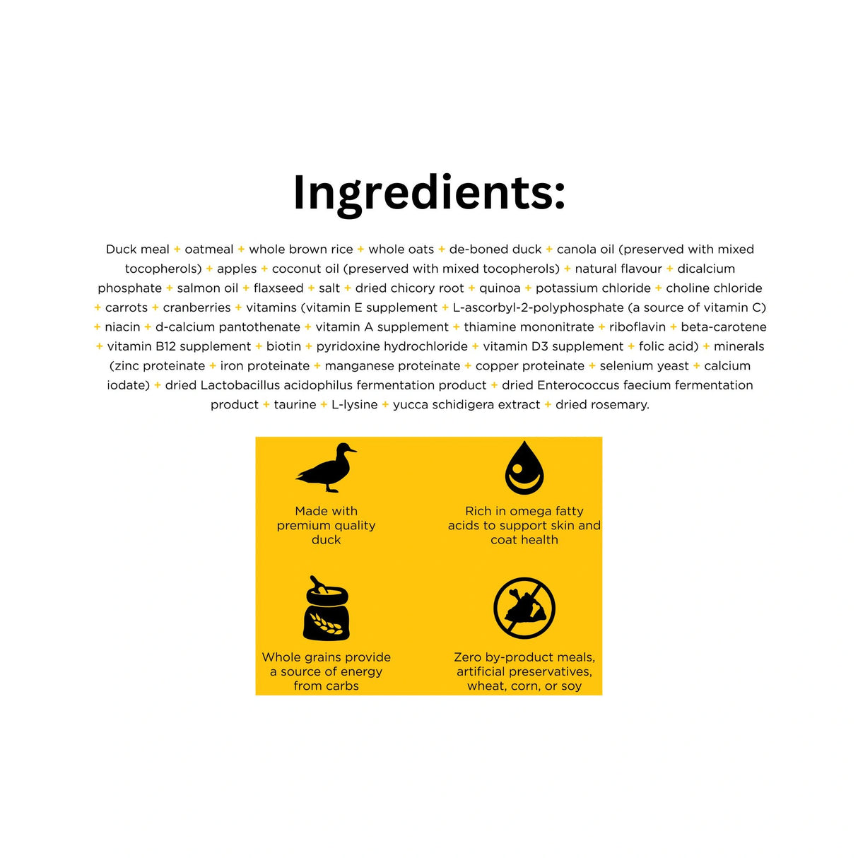 List of ingredients of Go! Solutions Dog Food, Skin and Coat Care Duck with Grains with icons
