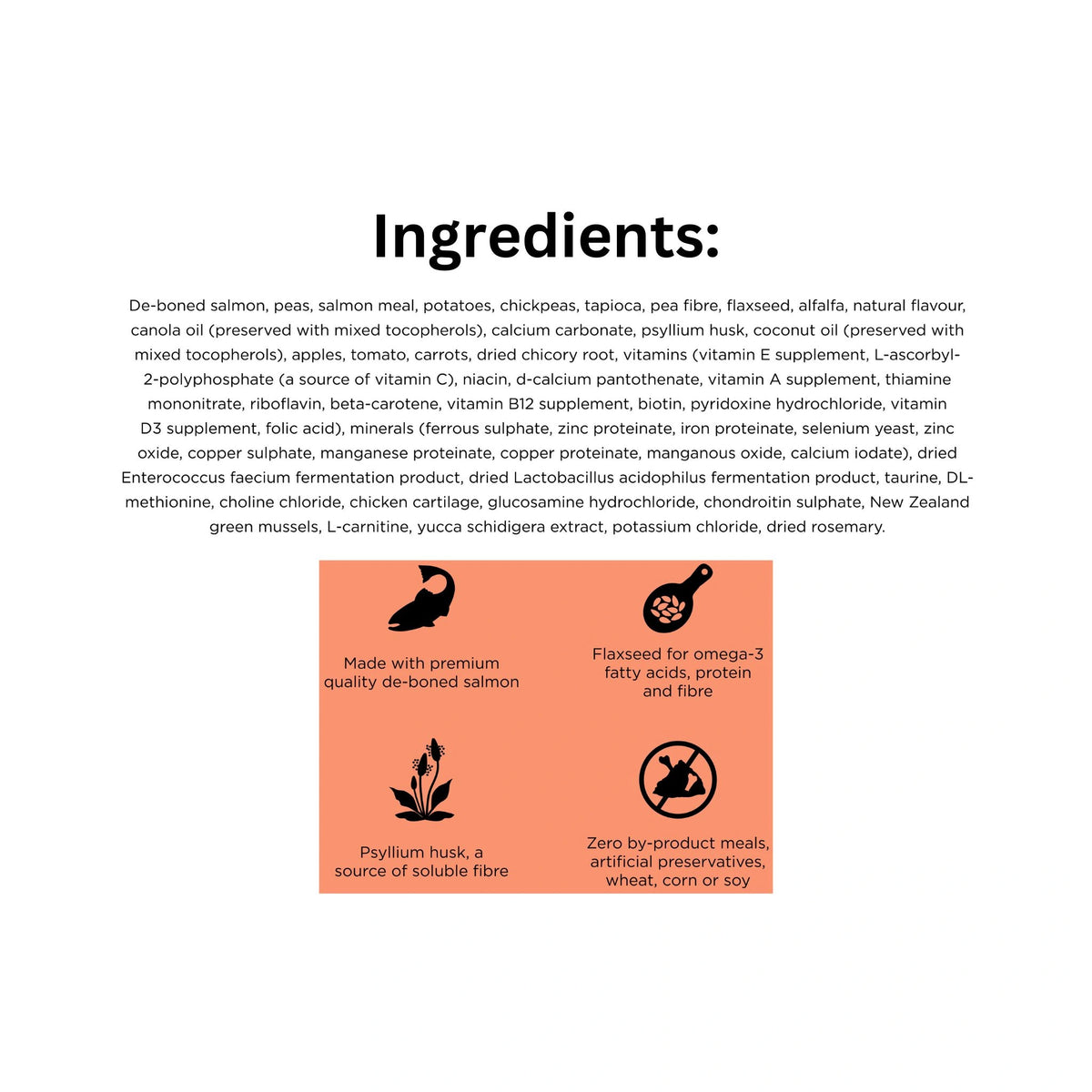 Ingredients list for Go! Solutions Weight Management and Joint Care Salmon Dry Dog Food with icons