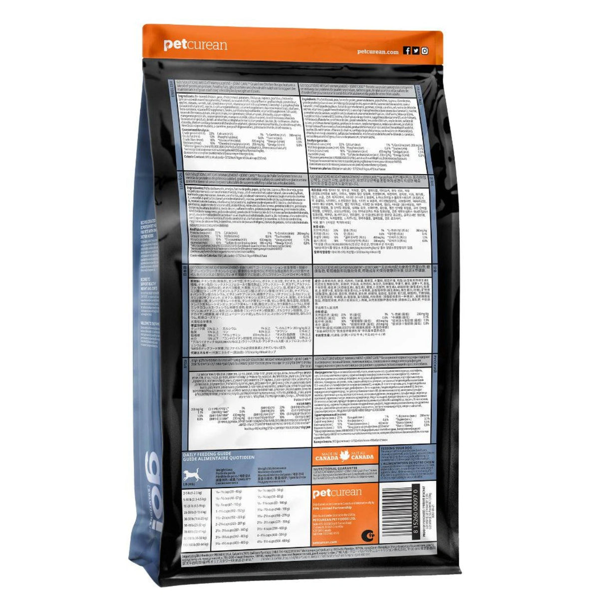 A back view of Go! Solutions Weight Management and Joint Care Grain Free Chicken Dog Food on a white background