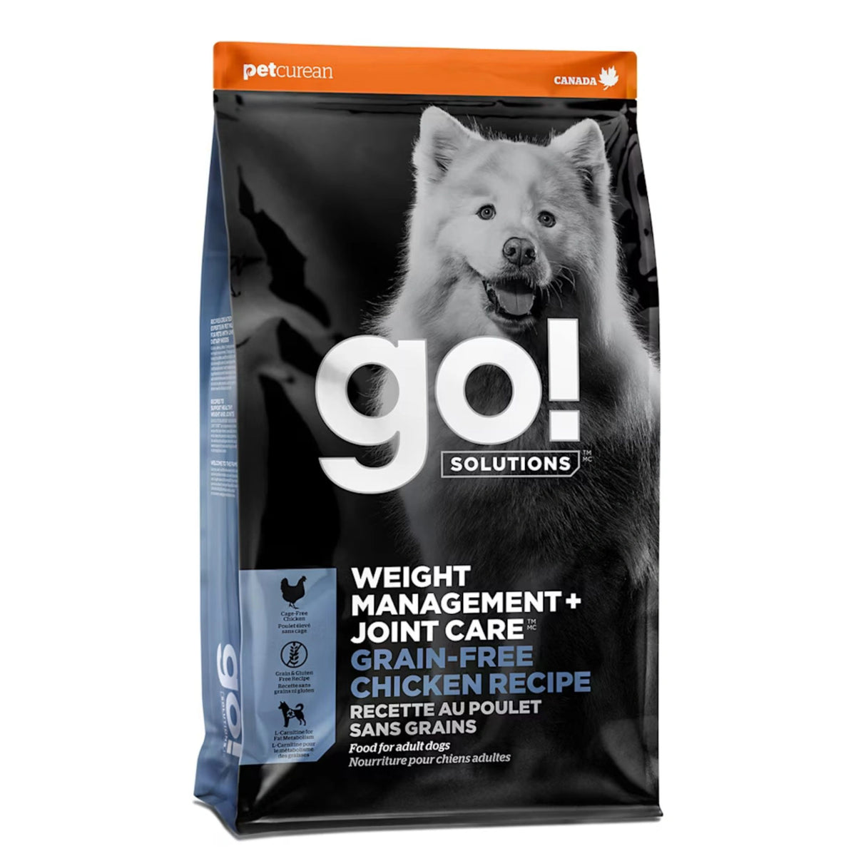 A front view of Go! Solutions Weight Management and Joint Care Grain Free Chicken Dog Food on a white background