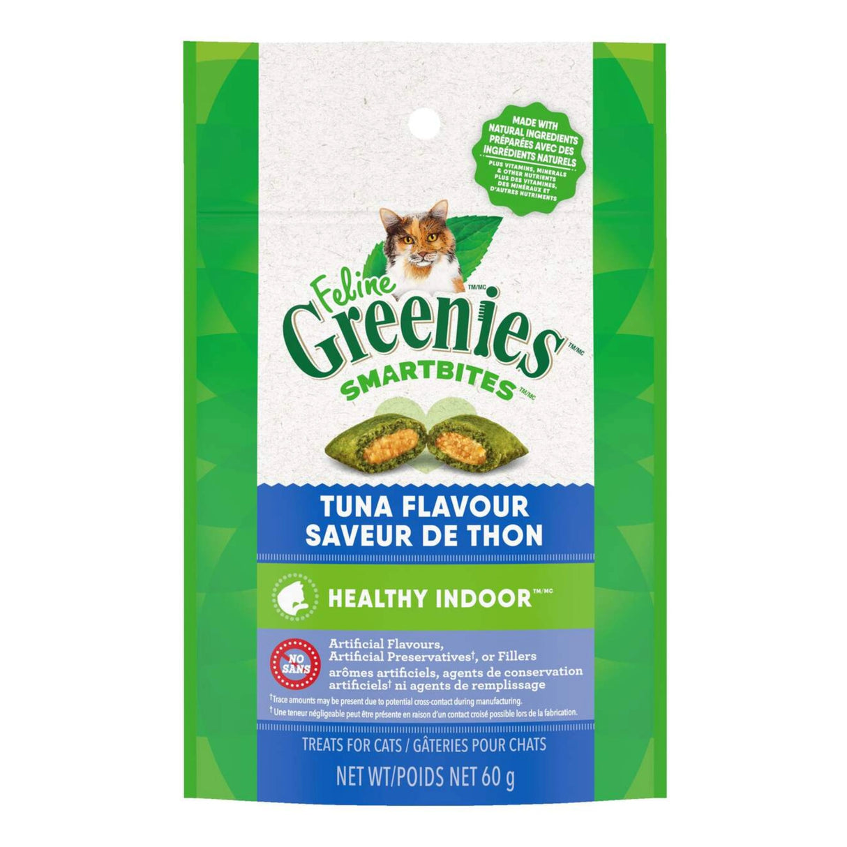 Front view of Greenies Smartbites Healthy Indoor Tuna Cat Treats on a white background
