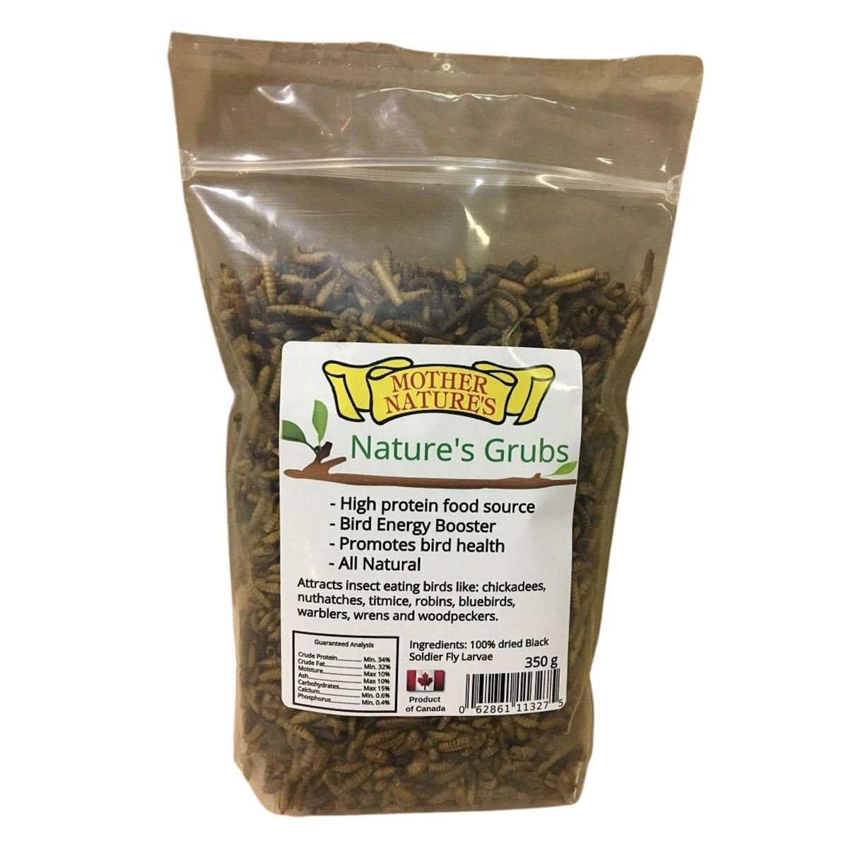 A front view of Mother Nature's 350g Nature’s Grubs on a white background