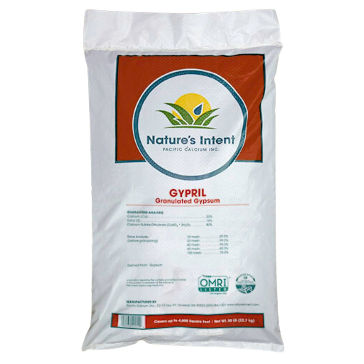 A front view of Nature's Intent granulated gypsum fertilizer on a white background