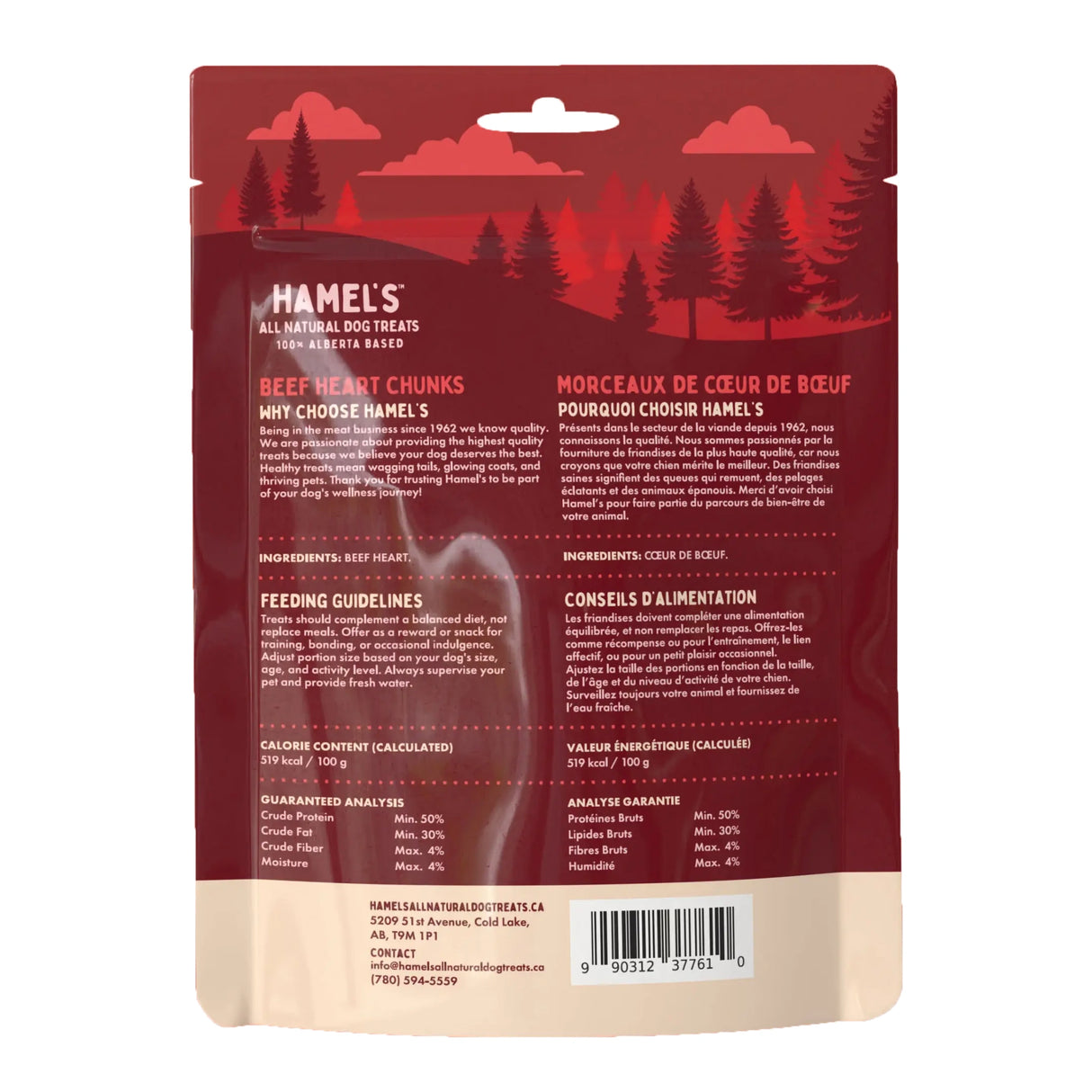 Back view of Hamel's Beef Heart Chunks Dog Treats on white background