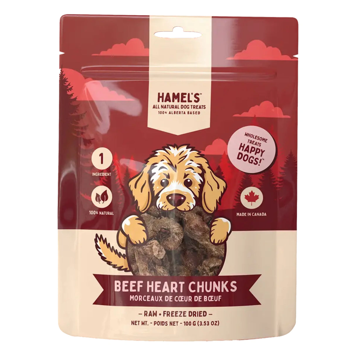Front view of Hamel's Beef Heart Chunks Dog Treats on white background