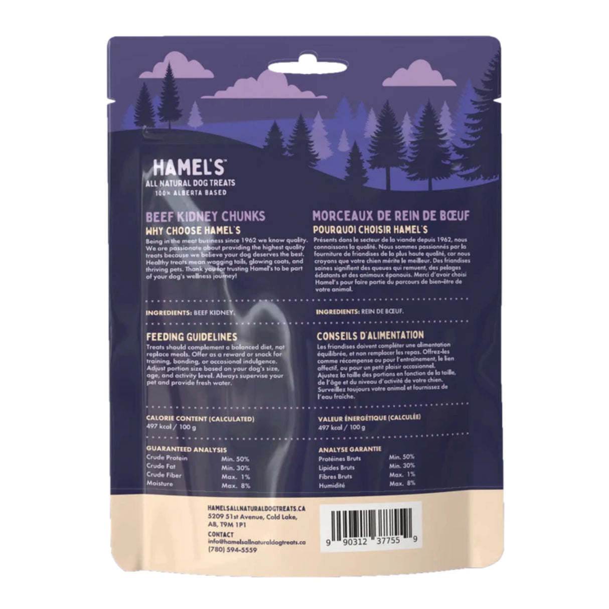 Back view of Hamel’s freeze-dried beef kidney chunks dog treats showing packaging and nutritional information on a white background