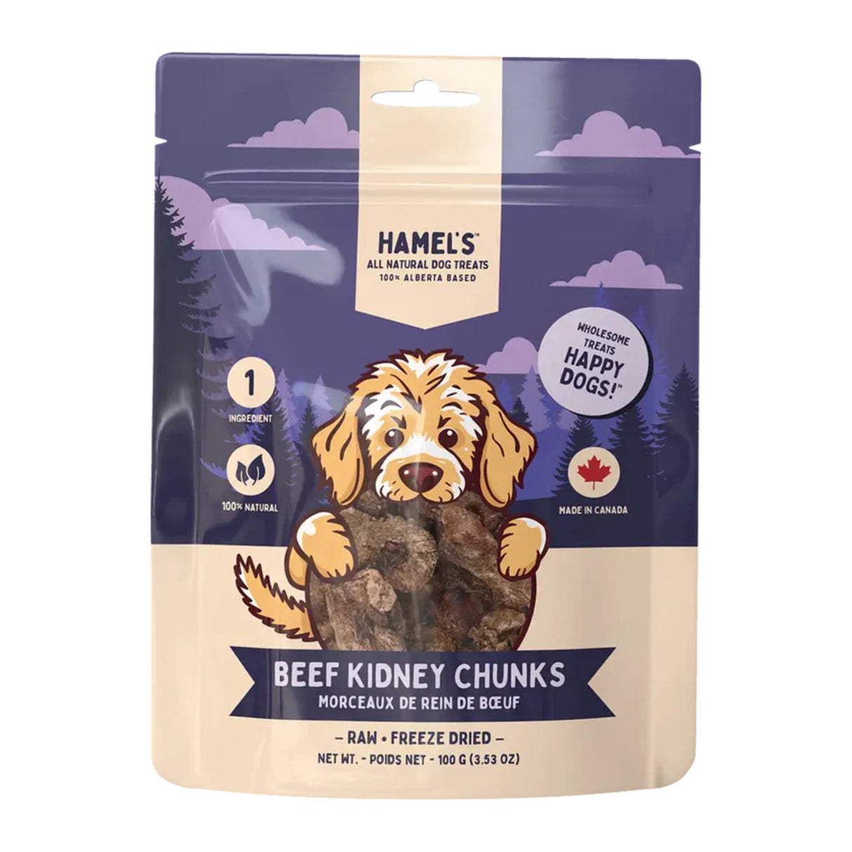 Front view of Hamel’s freeze-dried beef kidney chunks dog treats 100g on a white background