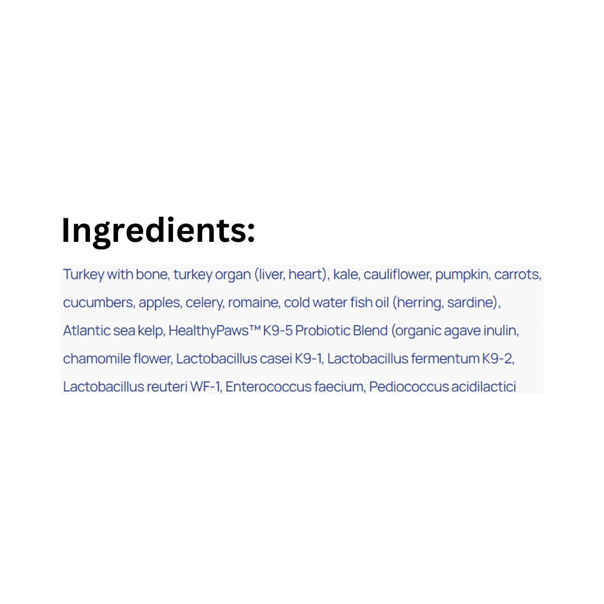 Full ingredient list of Healthy Paws Canine Complete Turkey Dog Food
