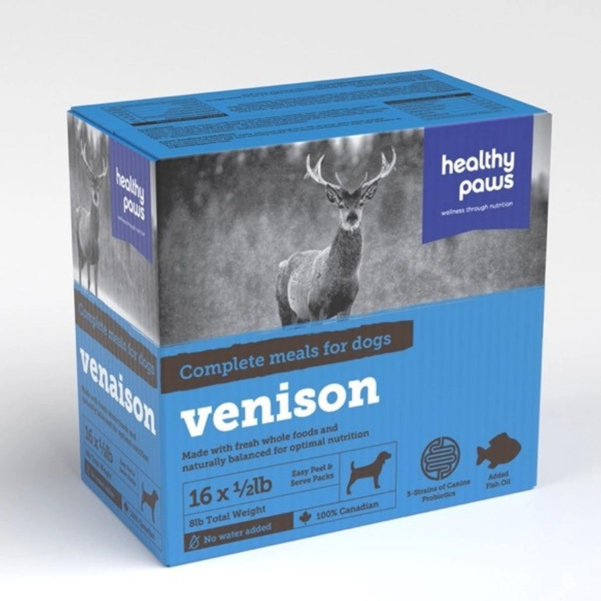 Front view of Healthy Paws Canine Complete Venison Dog Food on a white background