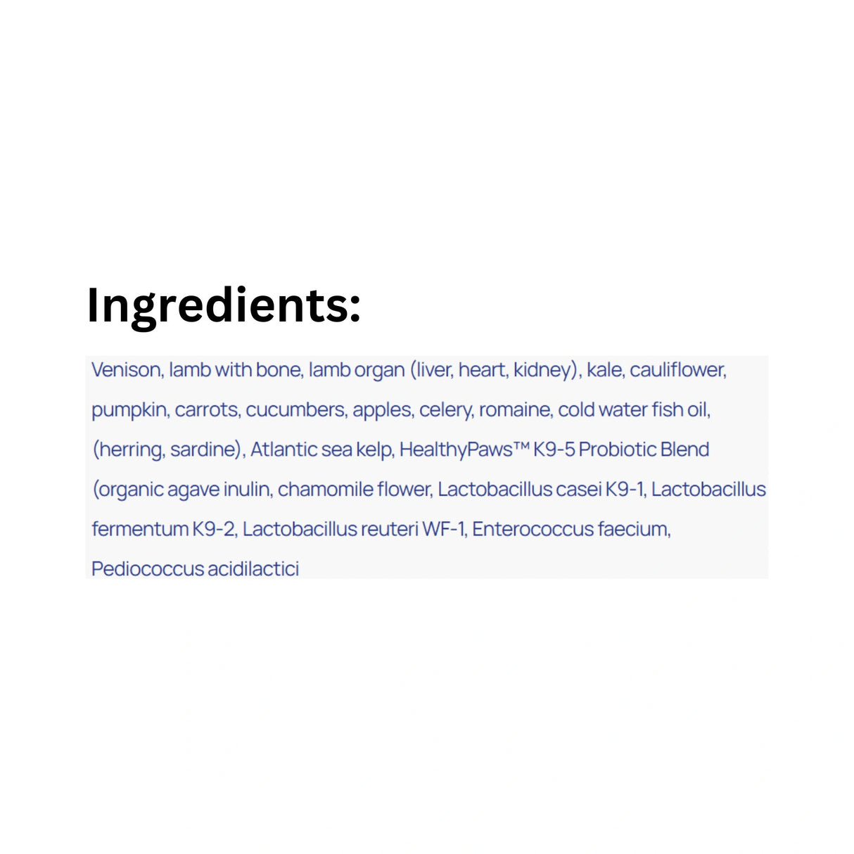 Ingredients list of Healthy Paws Canine Complete Venison Dog Food