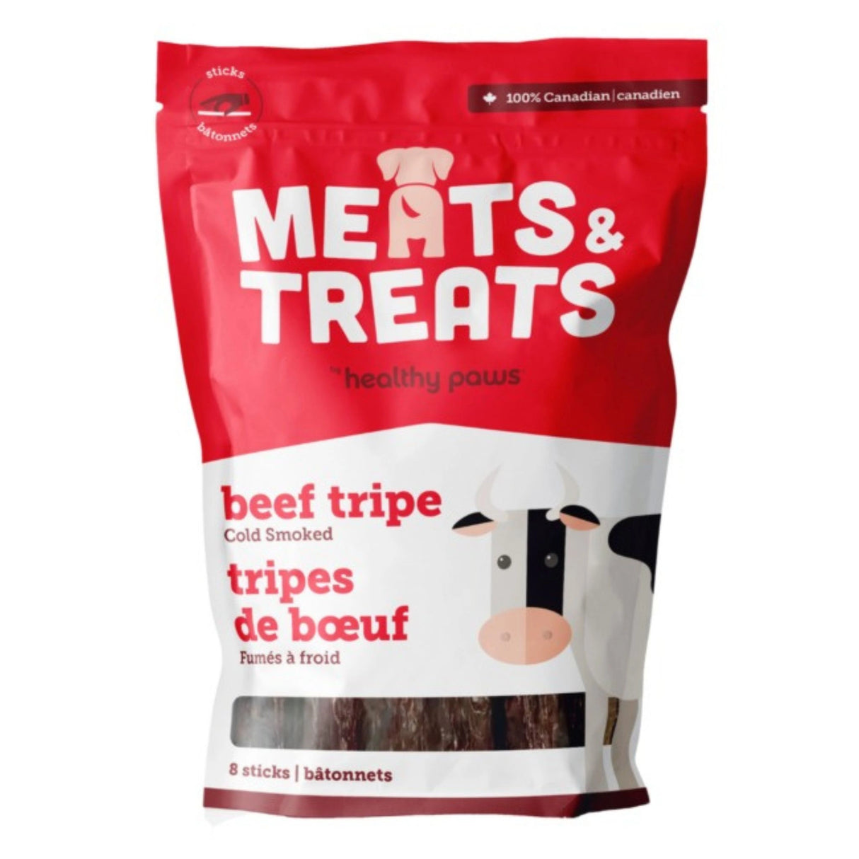 Front view of Healthy Paws Cold Smoked Treats Beef Tripe Pet Treats on a white background