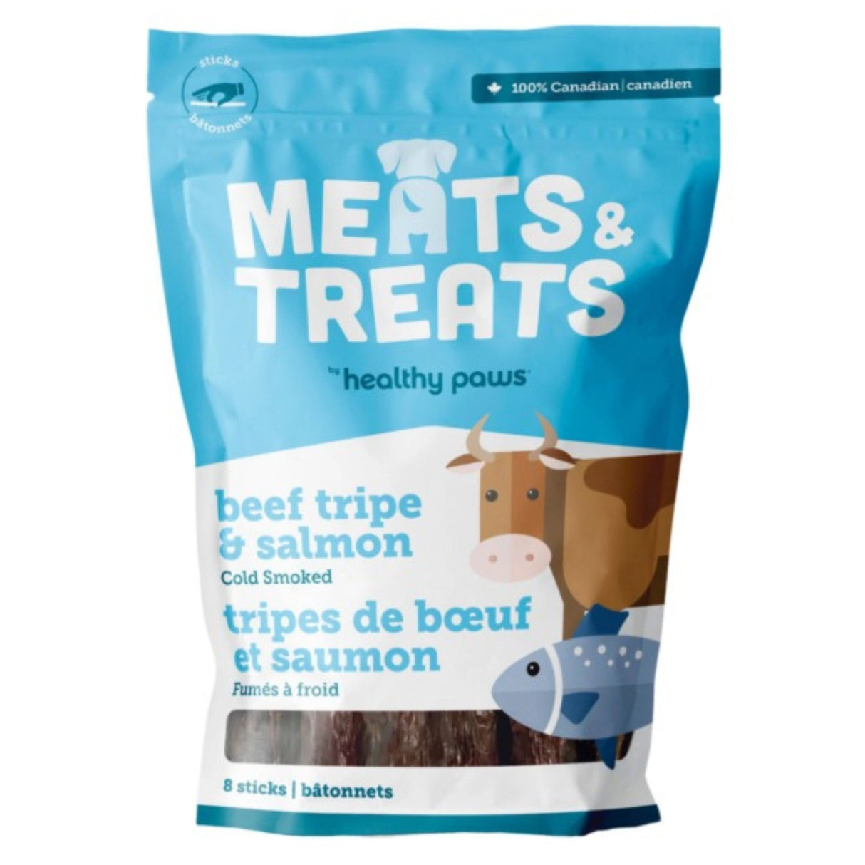 Front view of Healthy Paws Cold Smoked Treats Beef Tripe & Salmon Pet Treats on a white background