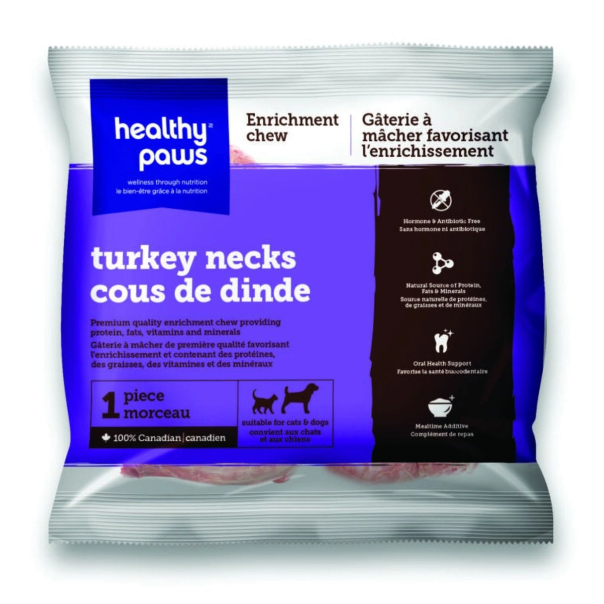 A front view of Healthy Paws Enrichment Chew Turkey Neck Pet Treats on a white background