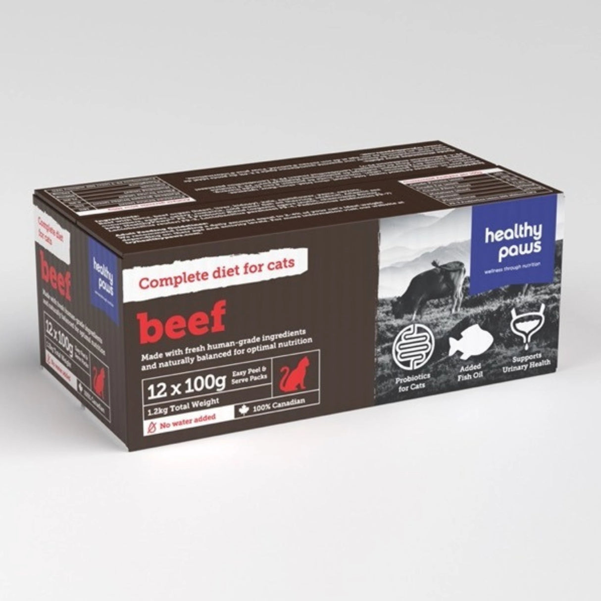 Front side view of Healthy Paws Feline Complete Raw Beef Cat Food on a white background