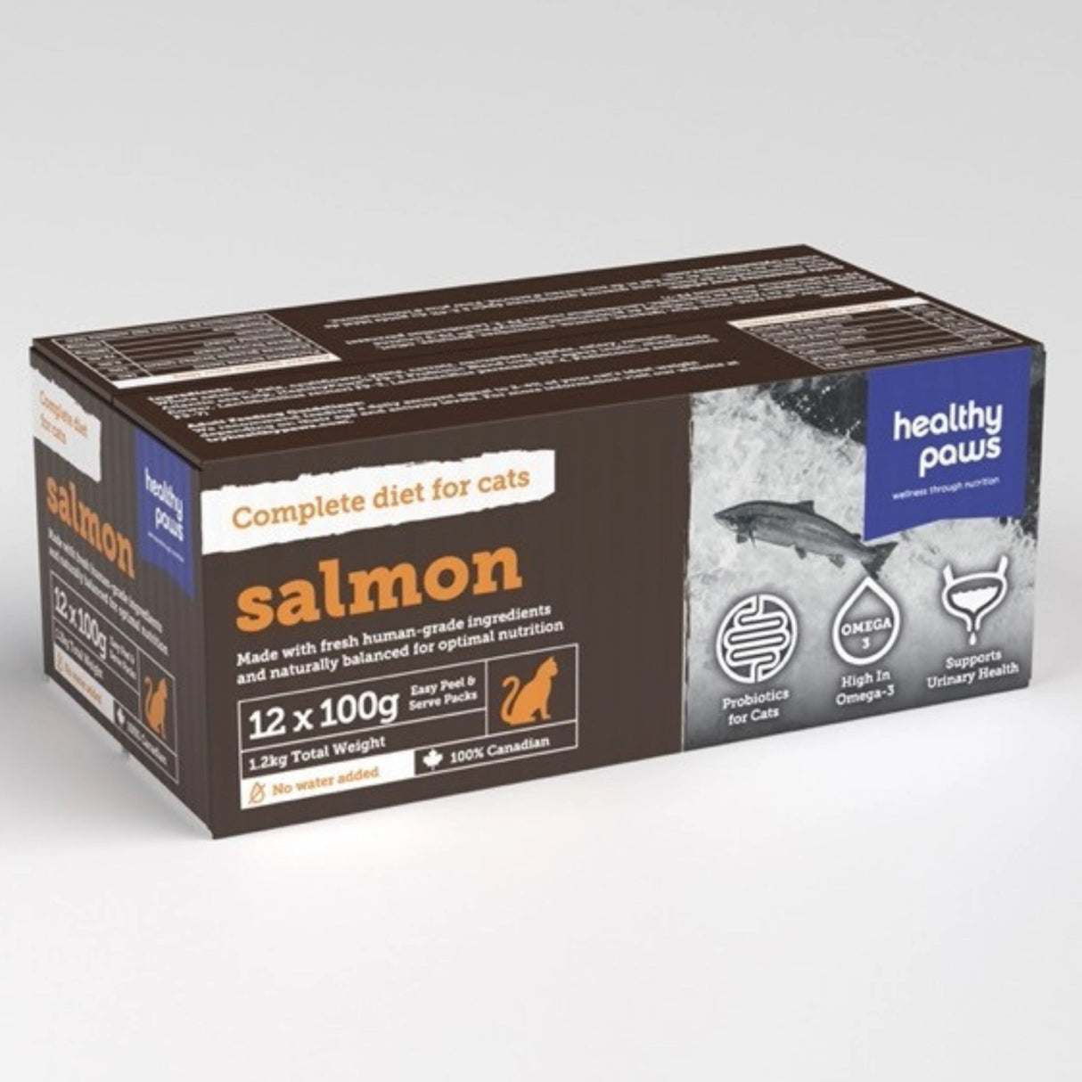 A front view of Healthy Paws Feline Complete Salmon Cat Food on a white background