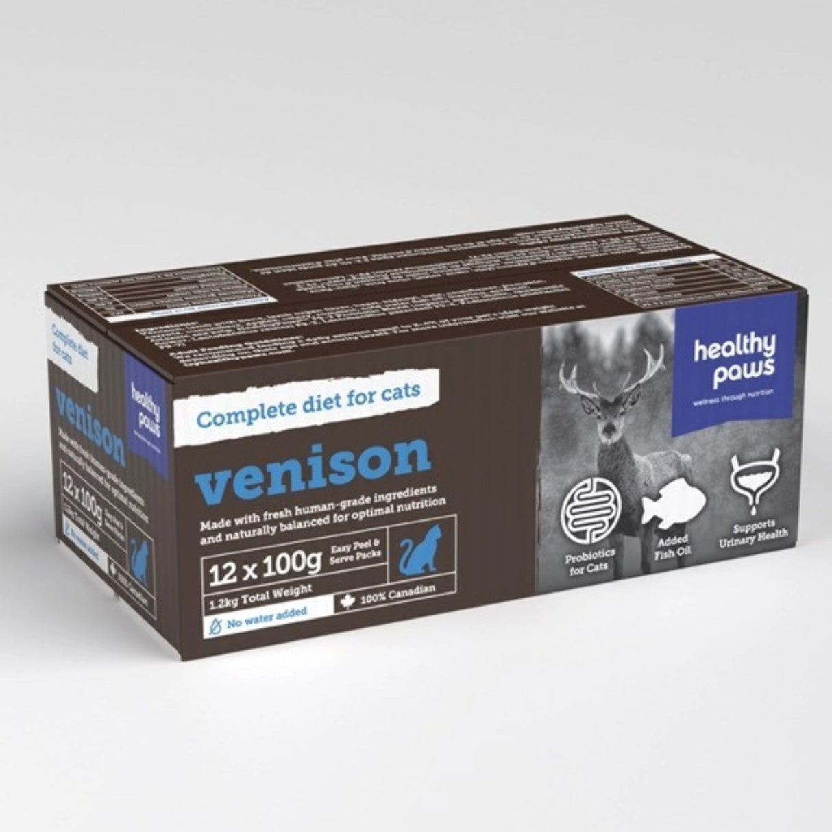 Front view of Healthy Paws Feline Complete Venison Cat Food on a white background