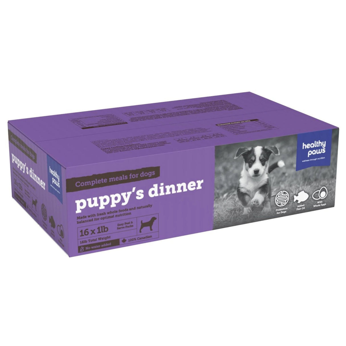 Front view of Healthy Paws Canine Complete 16lb Puppy Dinner Dog Food on white background