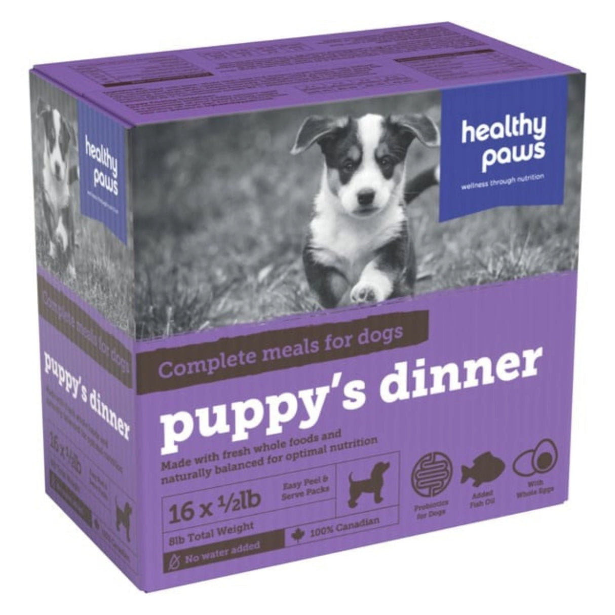 Front view of Healthy Paws Canine Complete 8lb Puppy Dinner Dog Food on a white background