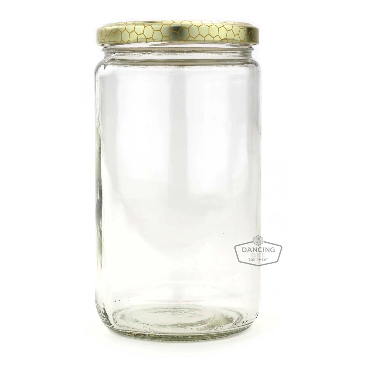 Front view of Dancing Bee Equipment Honey Jar Glass Cylinder Jar with Lid on a white background