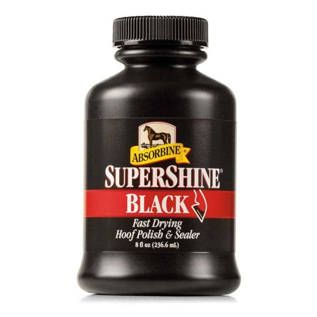 A Absorbine Horse Grooming Supershine Hoof Polish and Sealer Black on a white background