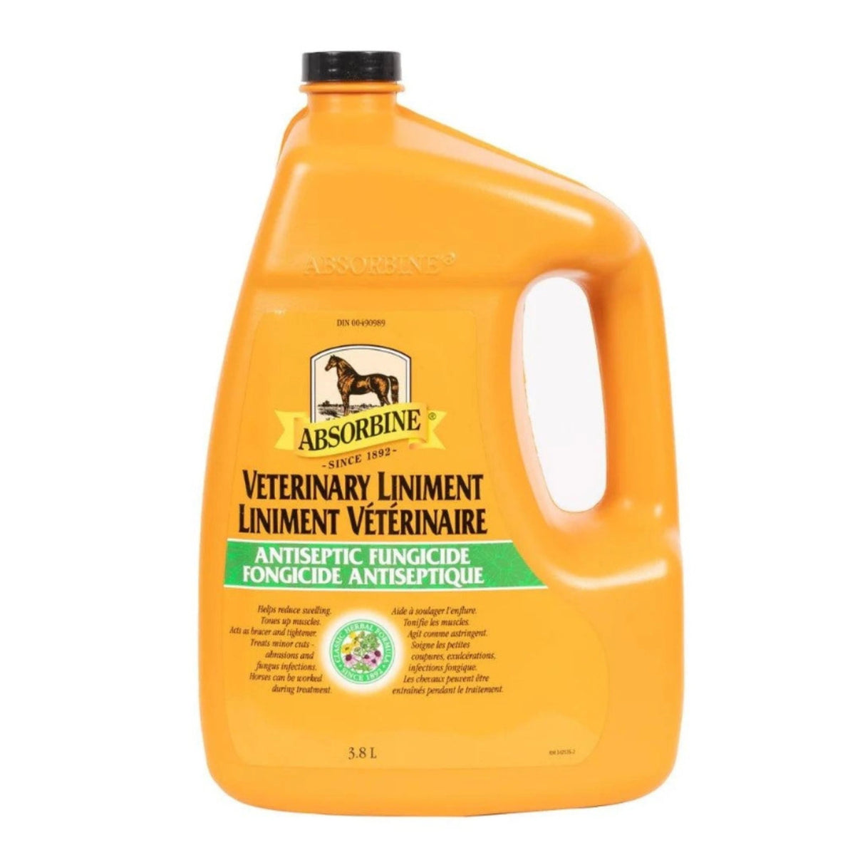 A front view part of Absorbine Horse Liniment Veterinary Liniment Liquid Sore Muscle Relief 3.8L on a white background