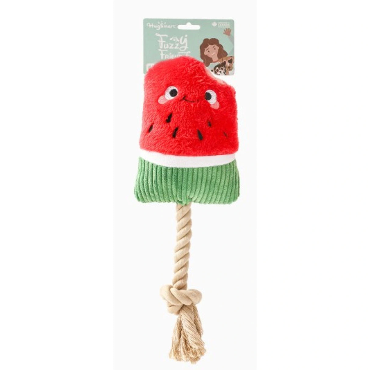 A front view of Hugsmart Watermelon Popsicle Rope Dog Toy on a white background